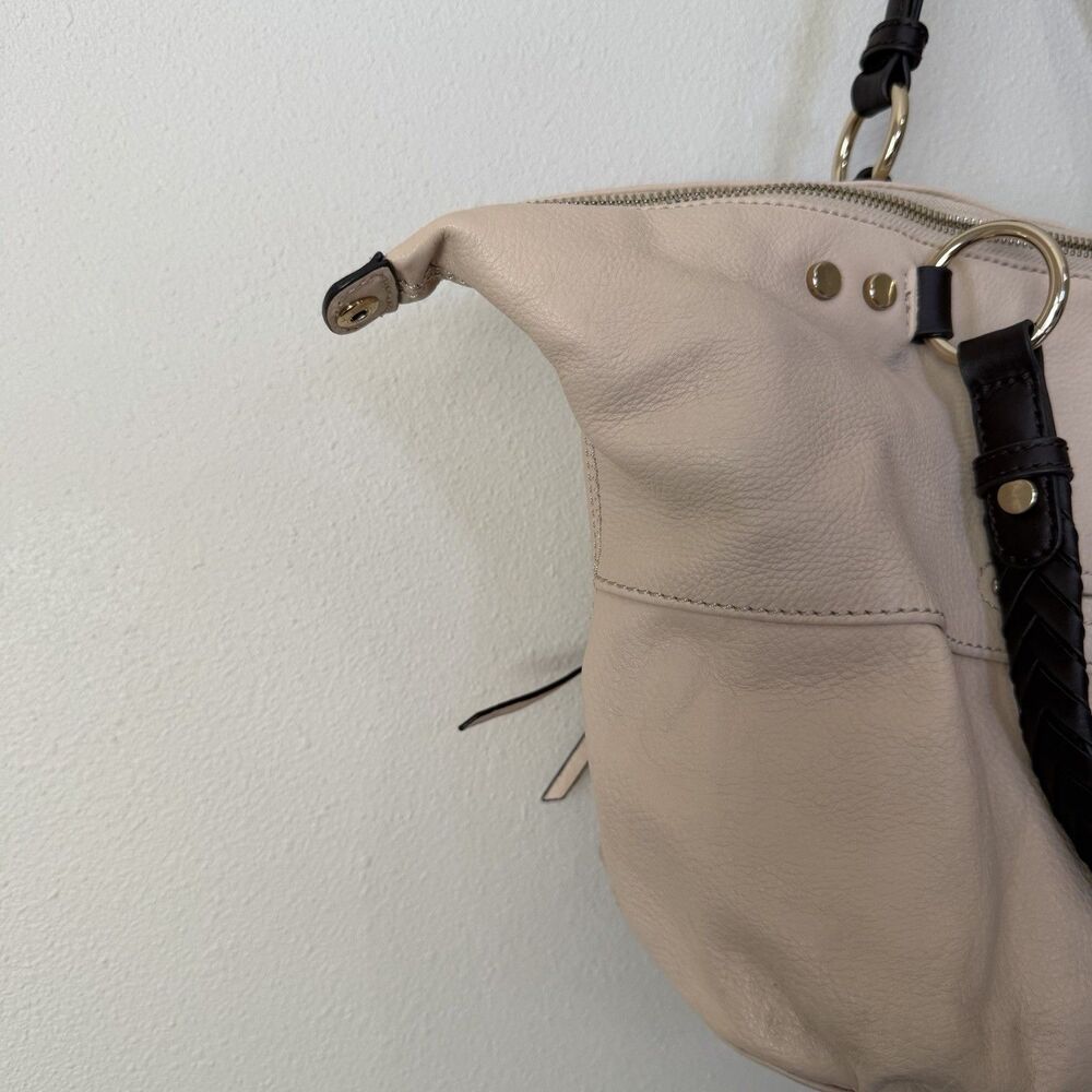 B. Makowsky Cream Beige Leather Shoulder Bag Satchel Braided Handles Boho Purse - Picture 16 of 16